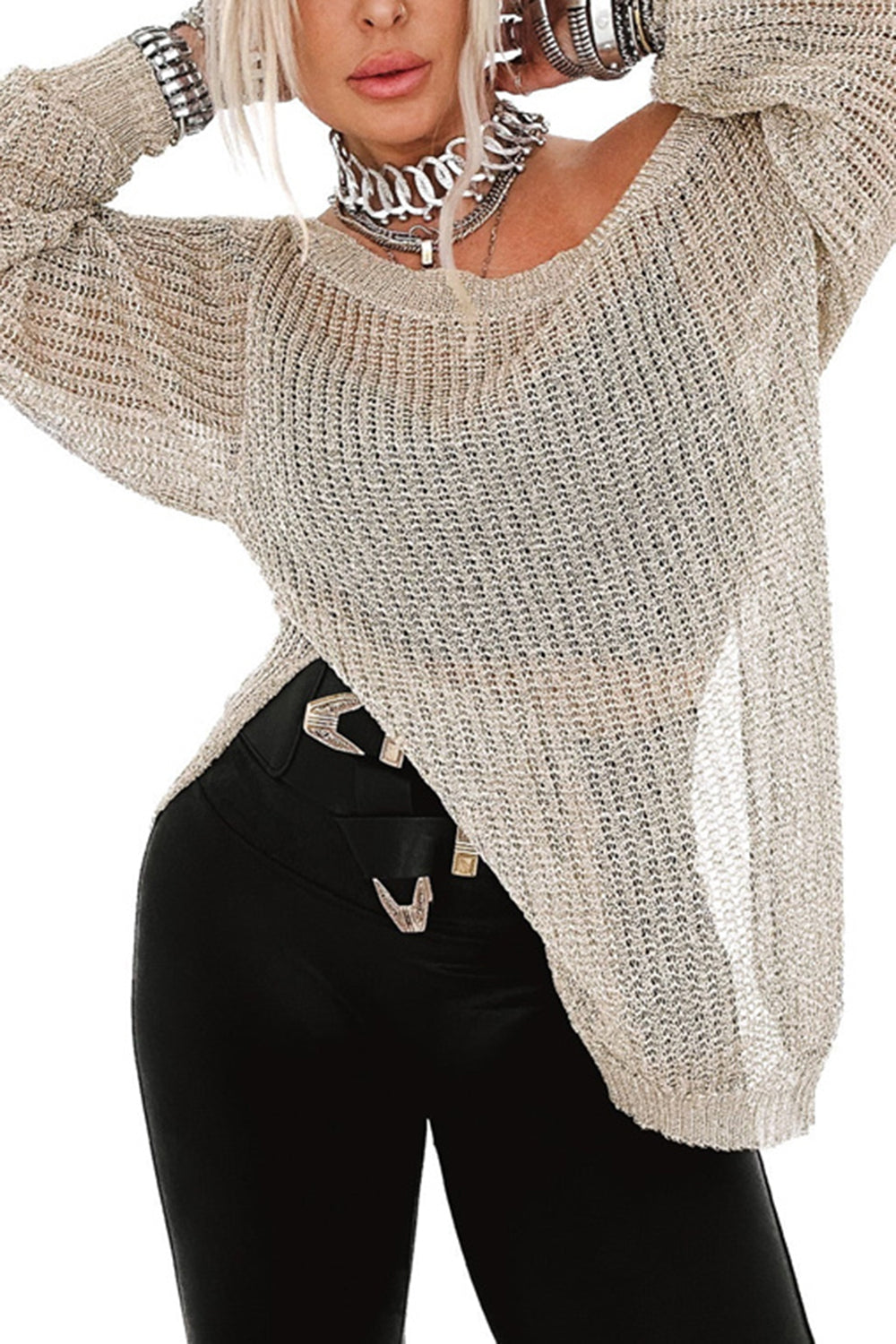 Side Slit Long Sleeve Knit Cover Up