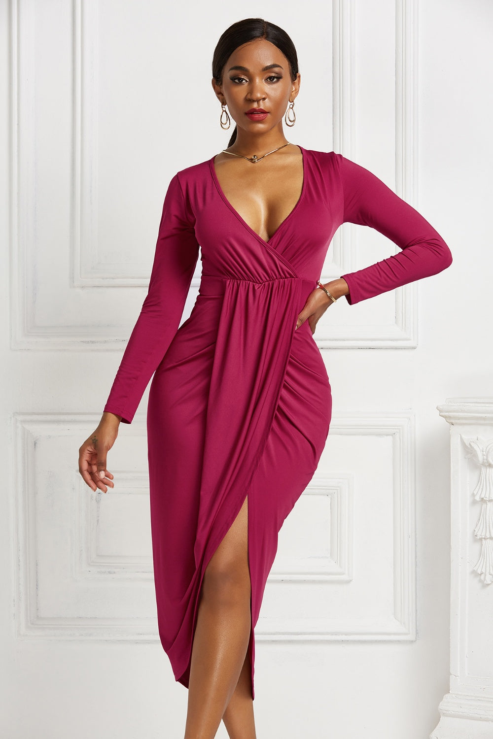 High-low Ruched Surplice Long Sleeve Dress