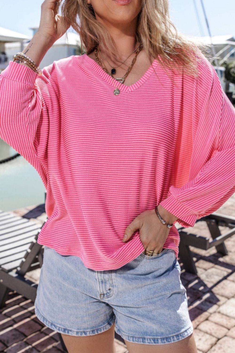 Texture V-Neck Long Sleeve Top