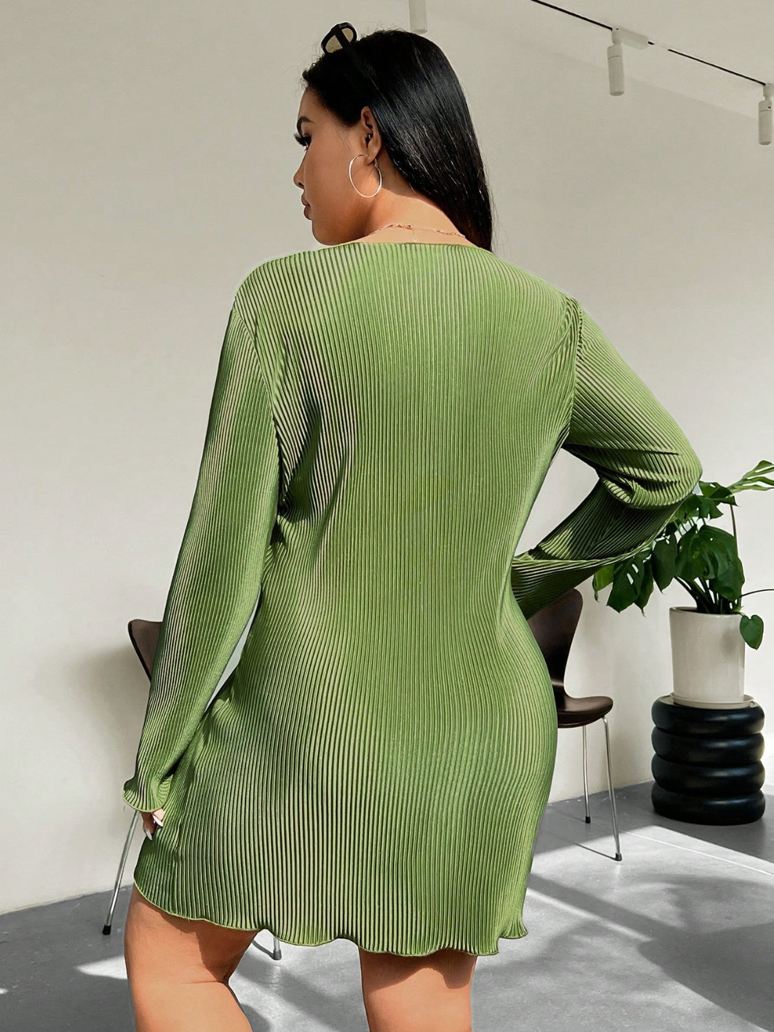 Honey Plus Size Lettuce Hem Round Neck Long Sleeve Dress