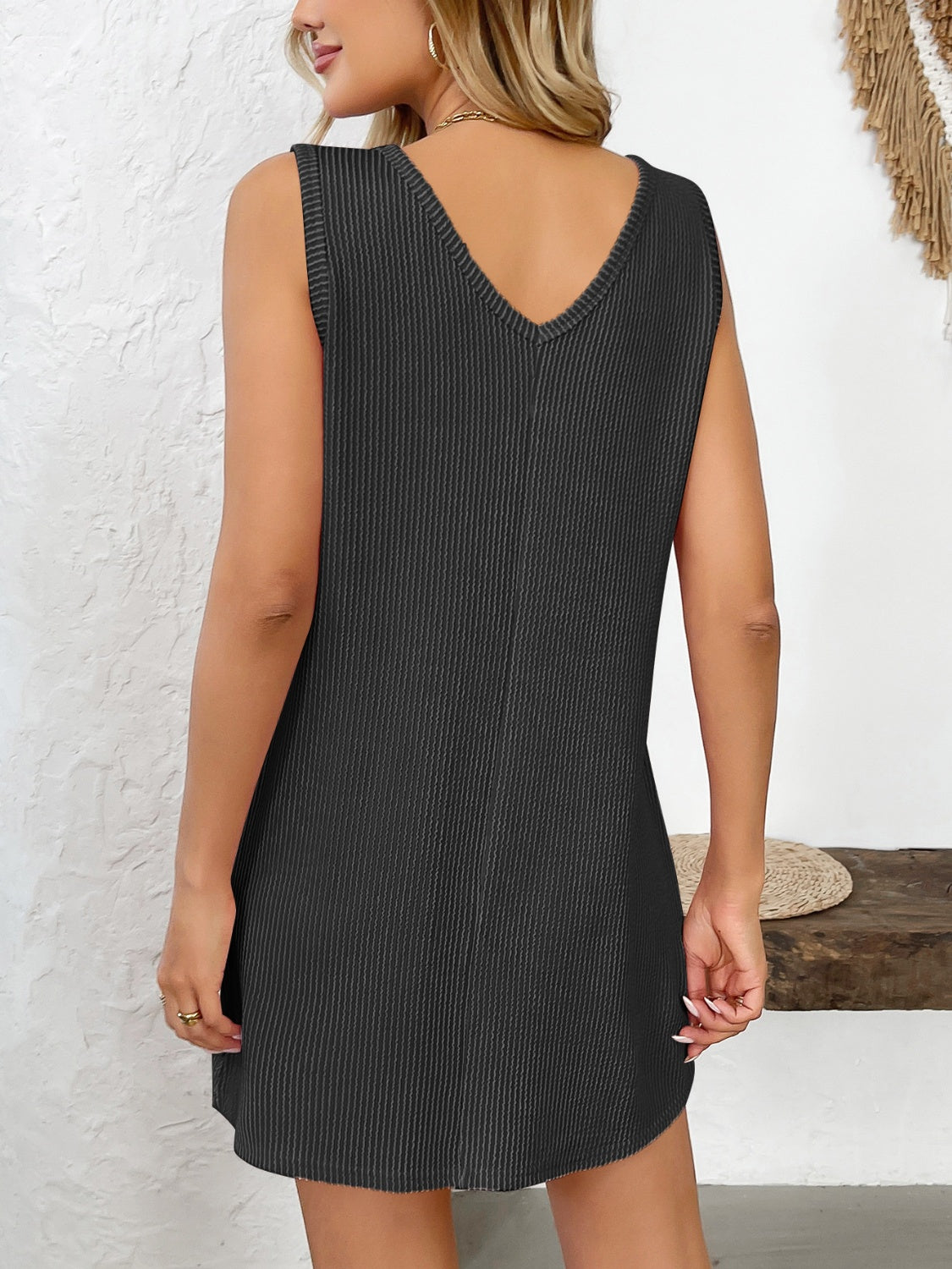 Texture Pocketed V-Neck Tank Dress