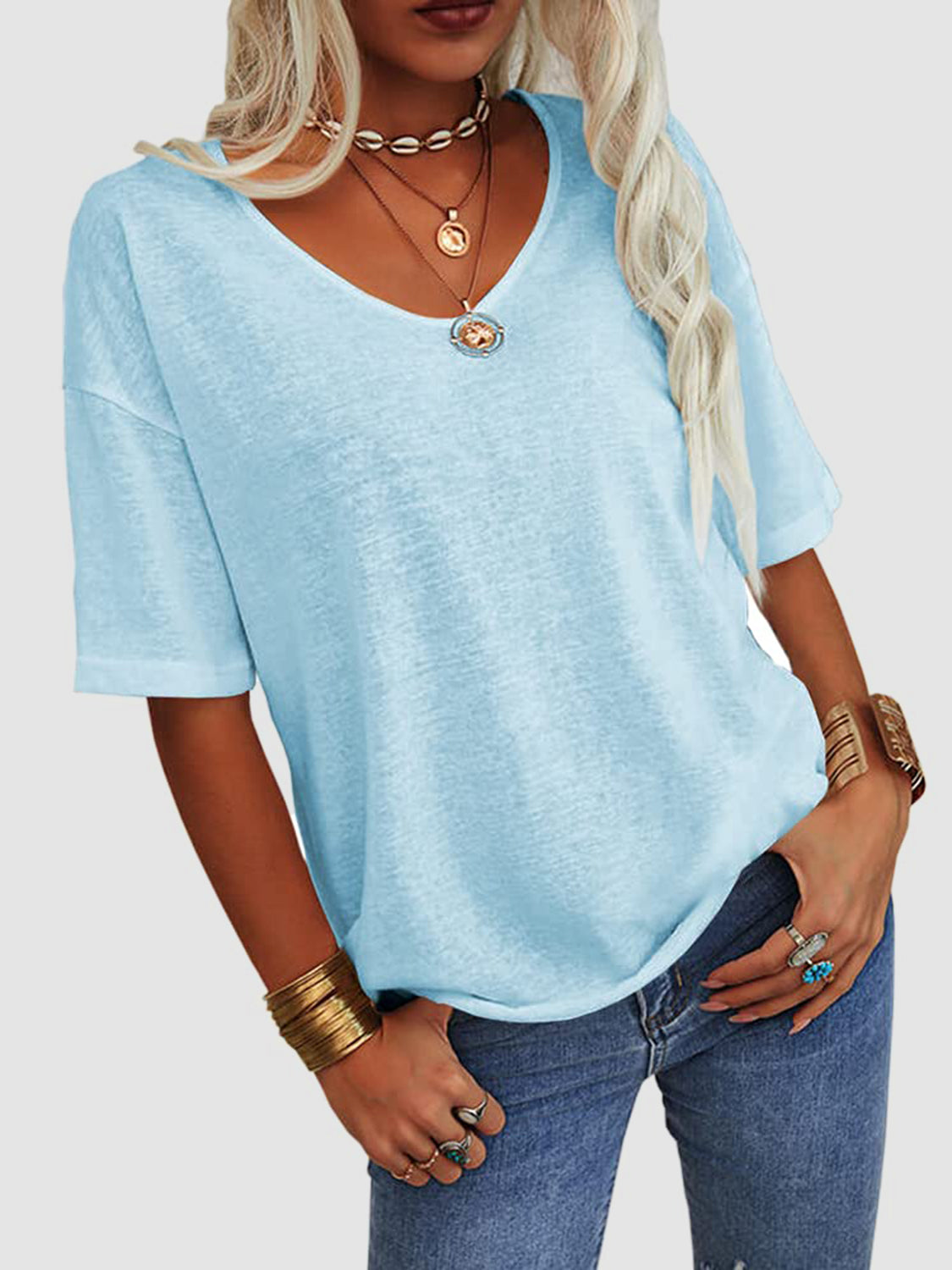 V-Neck Dropped Shoulder Half Sleeve T-Shirt