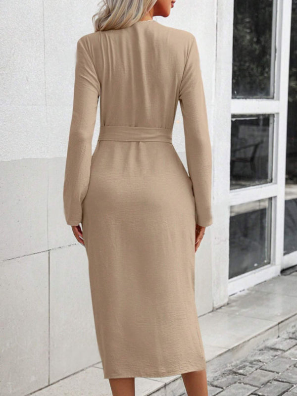 Solid color lapel waist tie slit shirt dress