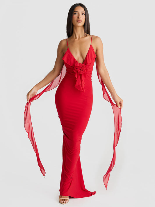 Hot girl's new sexy dress V-neck backless slim shoulder fishtail evening dress