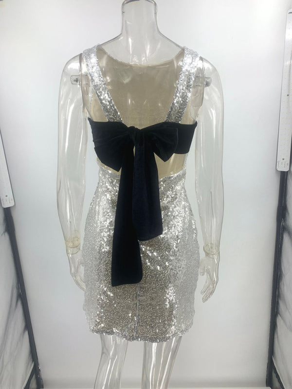 New Sleeveless Fitted Backless Bow Sequin Mini Dress