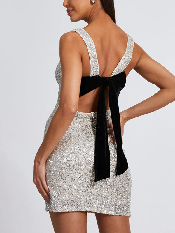 New Sleeveless Fitted Backless Bow Sequin Mini Dress