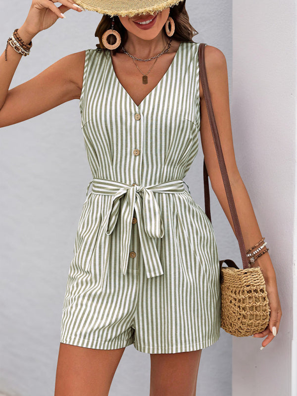 V-neck sleeveless striped jumpsuit