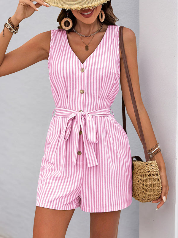 V-neck sleeveless striped jumpsuit