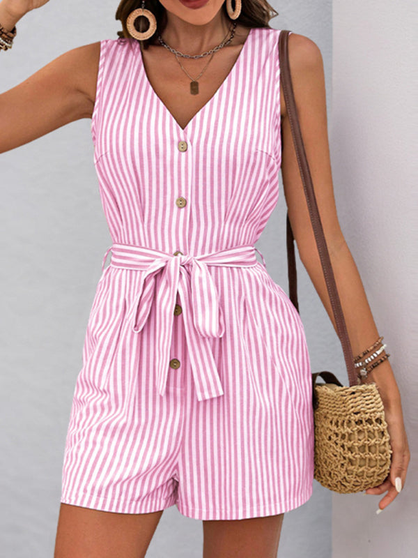 V-neck sleeveless striped jumpsuit