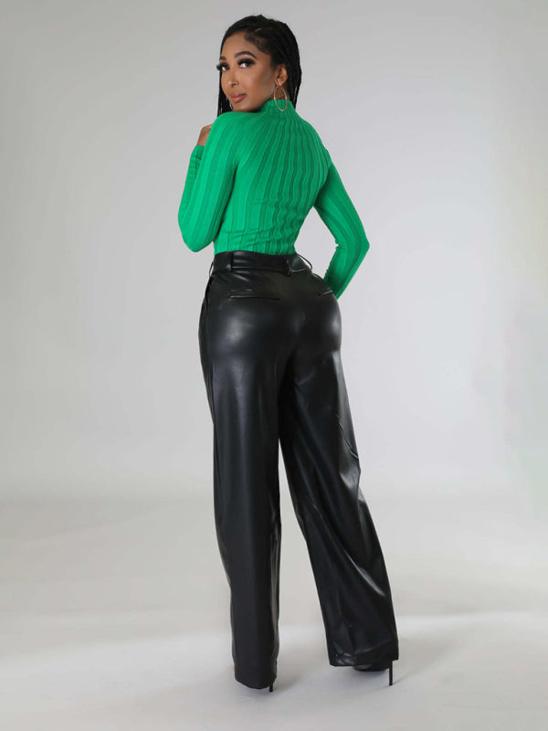 Women's Loose Wide-leg Pocket Casual Leather Pants