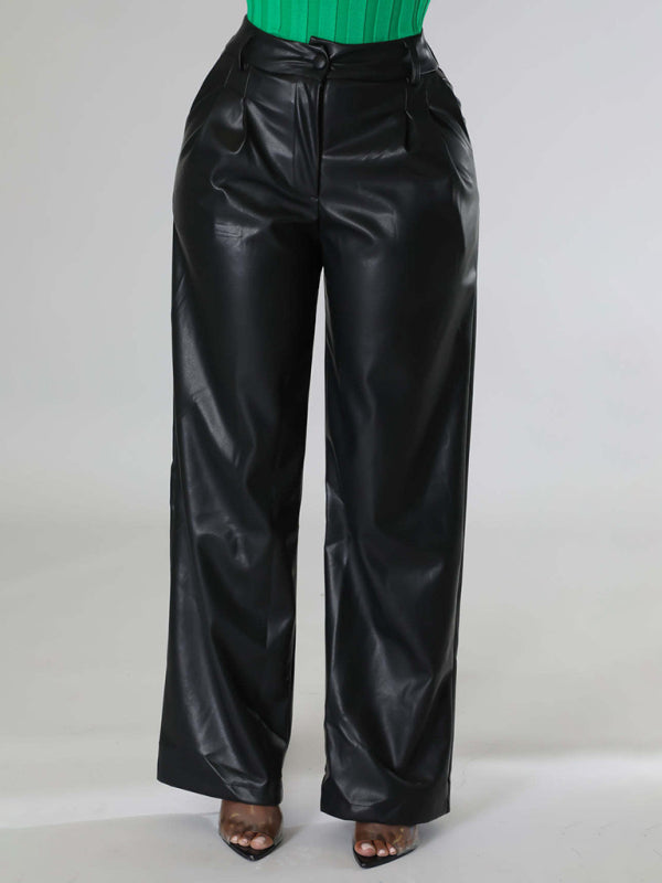 Women's Loose Wide-leg Pocket Casual Leather Pants