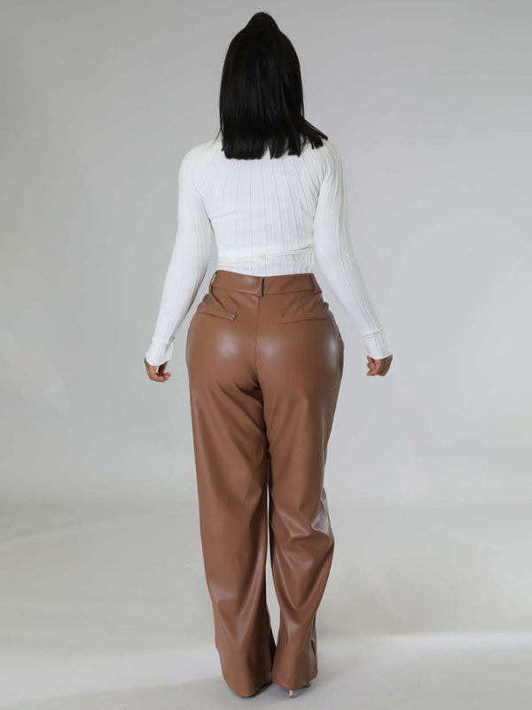 Women's Loose Wide-leg Pocket Casual Leather Pants