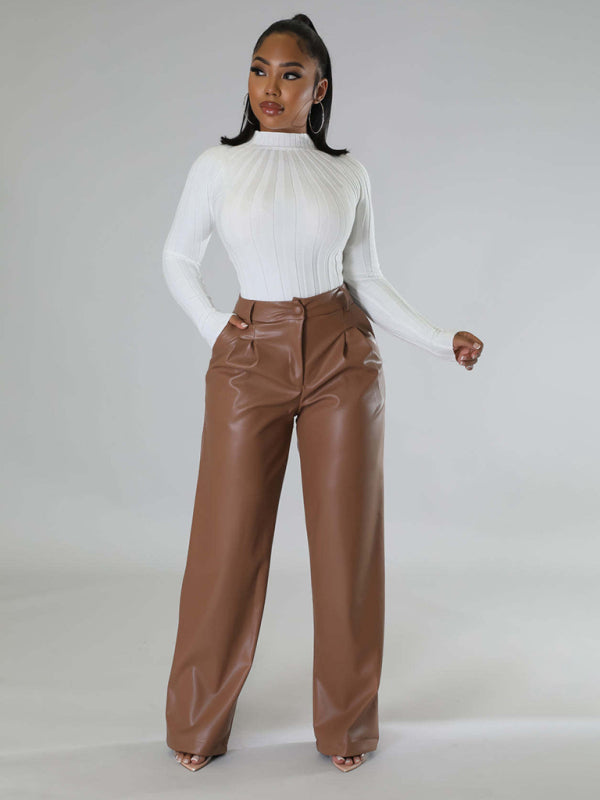 Women's Loose Wide-leg Pocket Casual Leather Pants