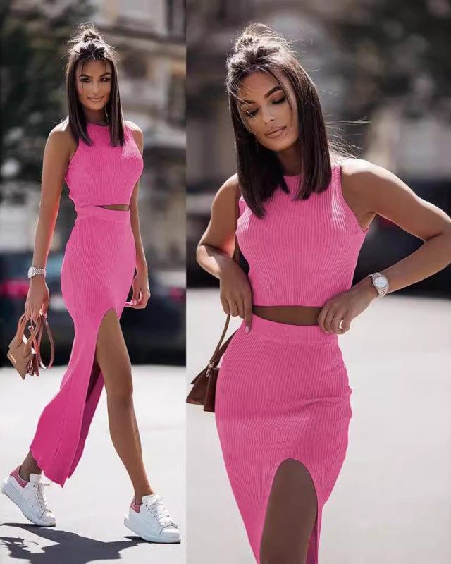 New women's solid color round neck vest skirt suit